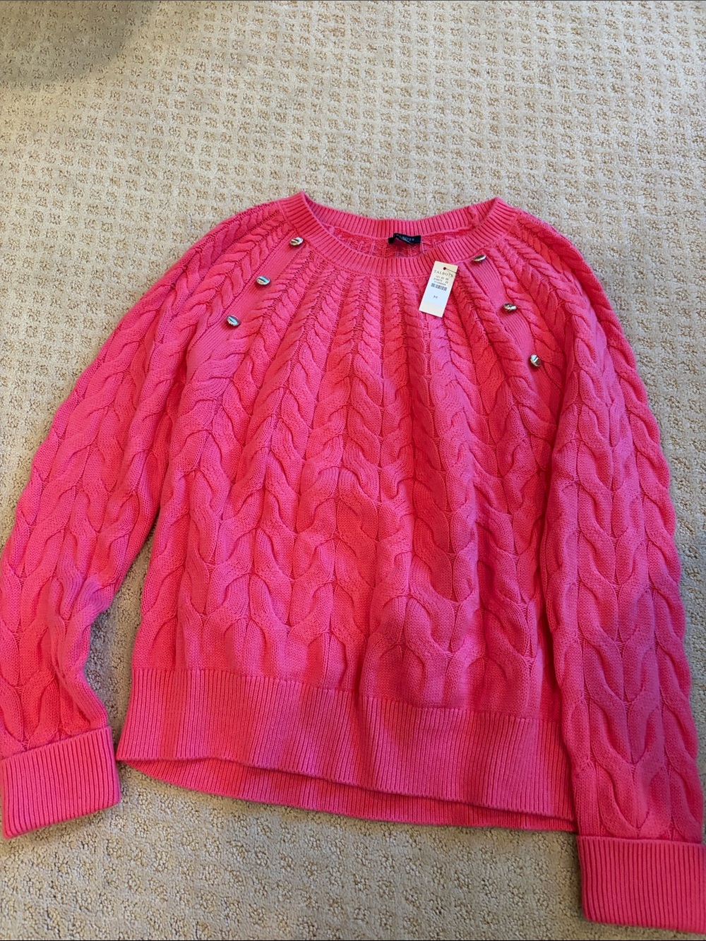 Talbots Hot Pink Cable-Knit Crew Sweater with Shoulder Buttons